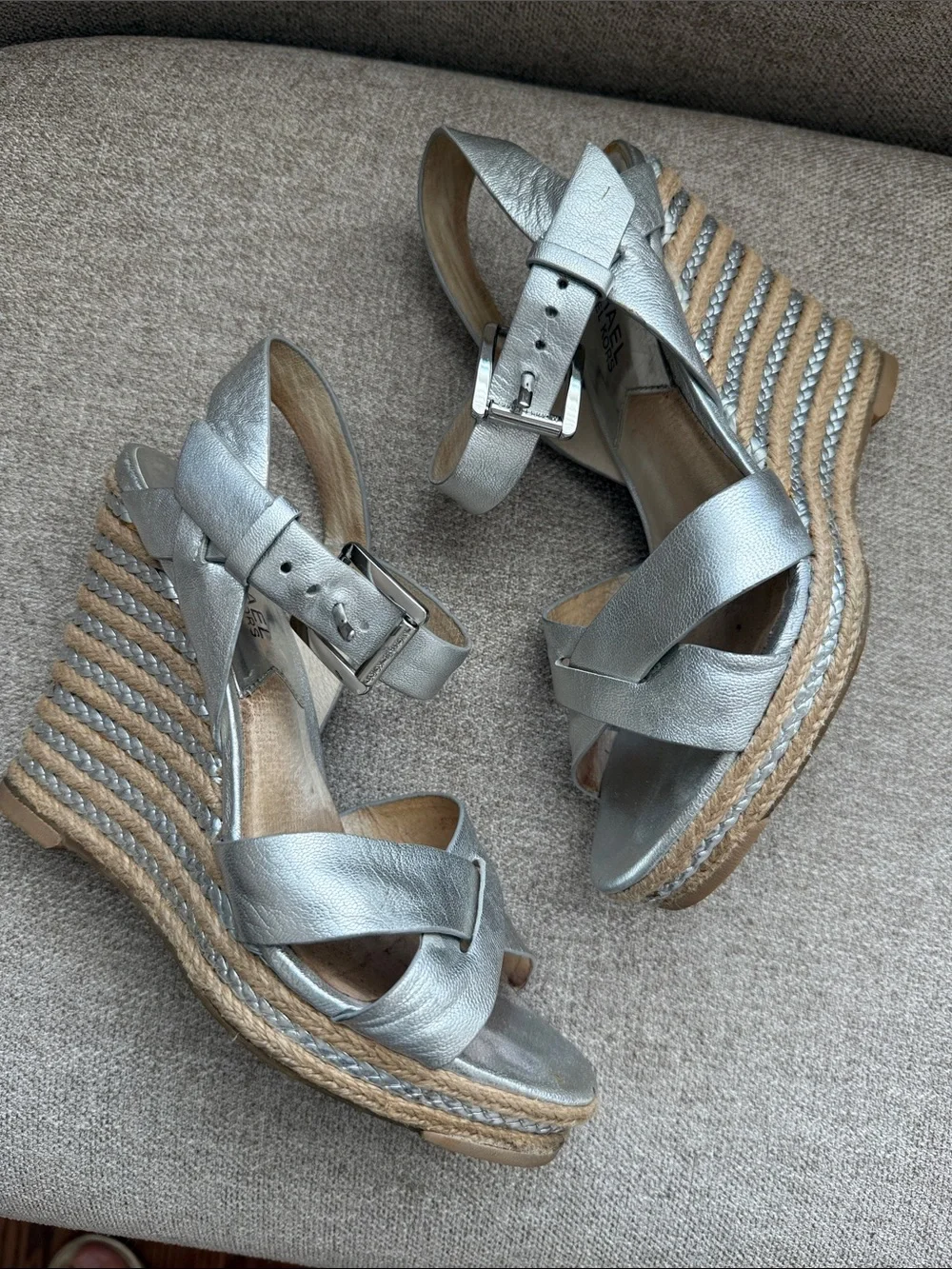 Michael Kors Metallic Silver Leather Espadrille Wedges